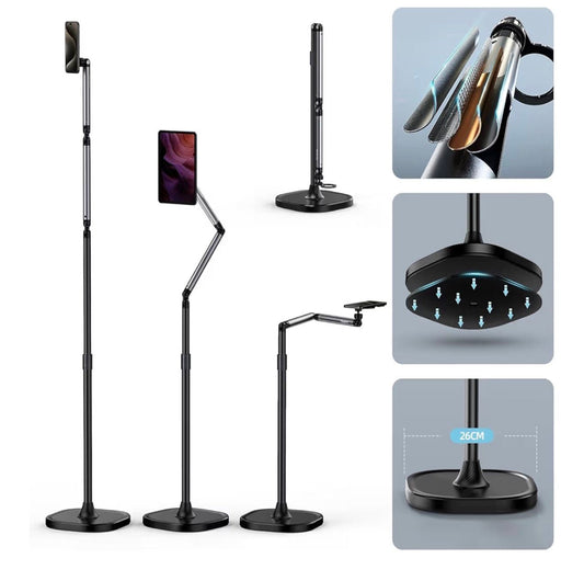 TELESIN Magnetic Phone Tablet Floor Stand, Aluminum Alloy Phone Holder Stand for Video Recording, Overhead Bed, Phone Mount Height Adjustable Ultra Stable Base for Magsafe, iPhone, Android & iPad